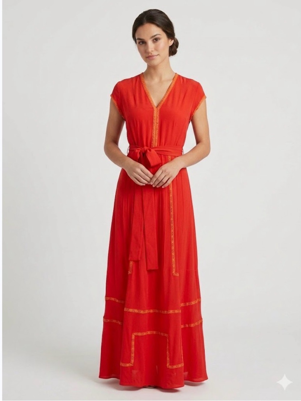 Cap-Sleeve Orangey Red Maxi Dress with Waist Tie